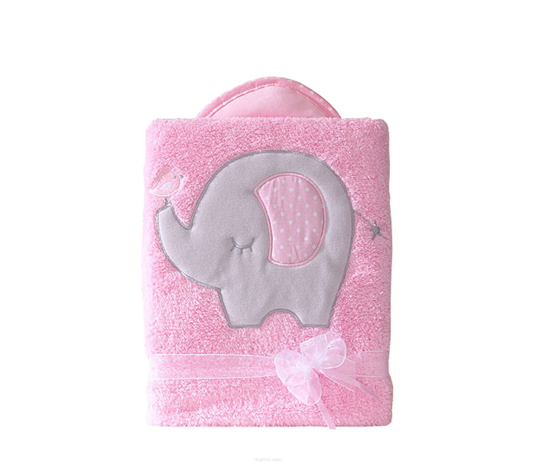 MAMO-TATO Kocyk dla dzieci długowłosy dwustronny z haftem Słonik różowy