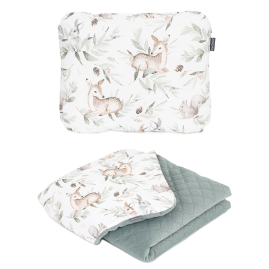 MAMO-TATO Komplet Kocyk dla dzieci 75x100 Velvet pikowany + poduszka - Sarenki oliwka / khaki - ocieplony