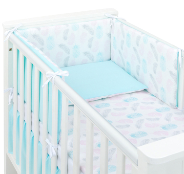 MAMO-TATO 3-el dwustronna pościel dla niemowląt PREMIUM do łóżeczka 60x120 Piórka pastelowe / turkus