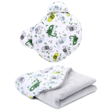 MAMO-TATO Kocyk dla niemowląt z poduszką MIŚ - Kameleony zielone / jasny szary