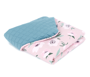 MAMO-TATO Blanket for children and babies 75x100 PREMIUM Velvet double-sided quilted Kwiaty na różanym / nepalska zieleń - with filling