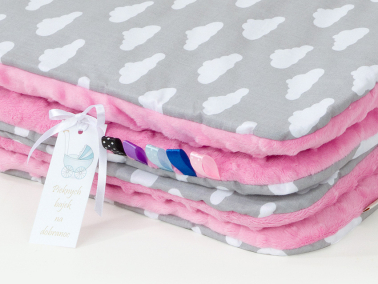MAMO-TATO Minky blanket to the stroller + pillow Chmurki białe na szarym / róż - without filling