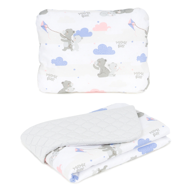 MAMO-TATO Baby blanket set 75x100 Velvet quilted + pillow - Niedźwiadki z niebieskim / jasny szary - with filling