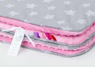MAMO-TATO Minky blanket to the stroller + pillow Gwiazdki bąbelkowe białe duże / róż - with filling