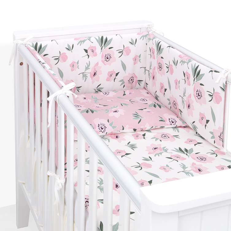 MAMO-TATO 3-el dwustronna pościel dla niemowląt 100x135 PREMIUM do łóżeczka 70x140 Kwiaty na ecru / kwiaty na różanym