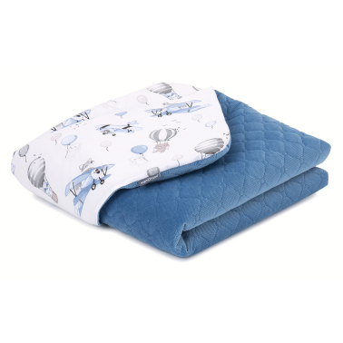 MAMO-TATO Kocyk dla dzieci i niemowląt 75x100 Velvet pikowany dwustronny - Lis w samolocie błękit / jeans  - ocieplony