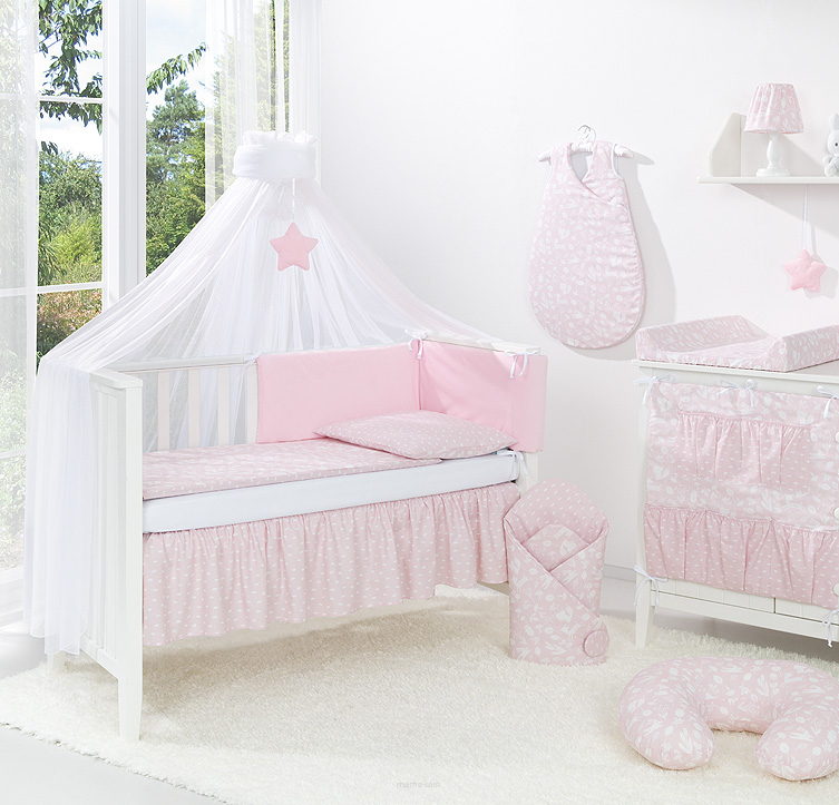 MAMO-TATO 5-el dwustronna pościel 100x135 dla niemowląt PREMIUM VELVET do łóżeczka 60x120 Las pastelowy róż / plamki pastelowy róż - moskitiera