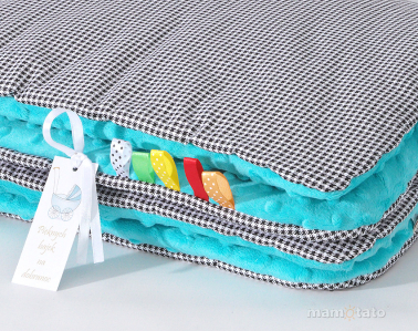 MAMO-TATO Minky blanket to the stroller + pillow Pepitka czarna / turkusowy - with filling