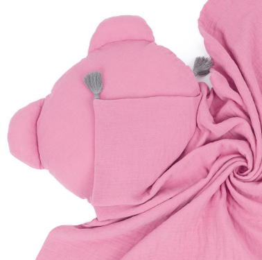 MAMO-TATO Muslin blanket + pillow BEAR Double Gauze for children and babies with tassels - Różany