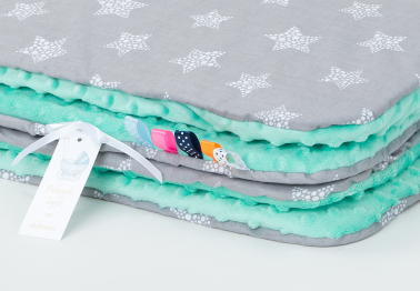 MAMO-TATO Minky blanket to the stroller + pillow Gwiazdki bąbelkowe białe duże / miętowy - without filling