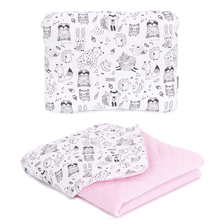 MAMO-TATO Baby blanket set 75x100 PREMIUM Velvet quilted + pillow - Bór biały / jasny róż - with filling