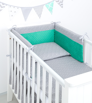 MAMO-TATO 3-el dla niemowląt 90x120 pościel do łóżeczka 60x120 minky Mini gwiazdki białe na szarym / ciemna zieleń