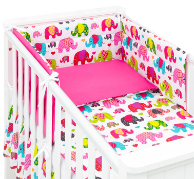 MAMO-TATO 3-el dwustronna pościel dla niemowląt Słoniaki różowe / ciemny róż do łóżeczka 70x140 cm