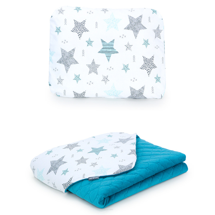 MAMO-TATO Baby blanket set 75x100 Velvet quilted + pillow Starmix turkus / morski - with filling