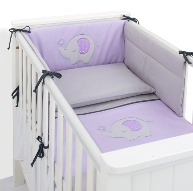 MAMO-TATO 3-el pościel dla niemowląt 90x120 do łóżeczka 60x120cm - Słonik fioletowy / popiel