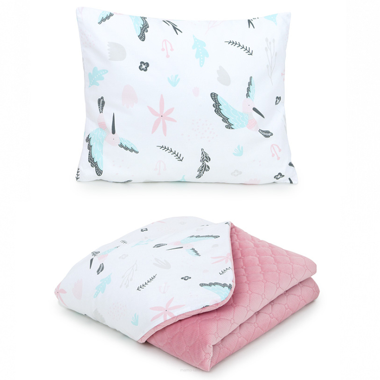 MAMO-TATO Children's blanket set 75x100 PREMIUM Velvet quilted + pillow Koliberki / różany - without filling