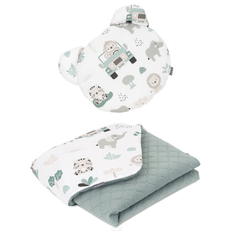 MAMO-TATO Kocyk dla niemowląt z poduszką MIŚ - Safari trelis / khaki