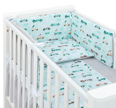 MAMO-TATO 3-el dwustronna pościel dla niemowląt BEST do łóżeczka 70x140 Wyścigówki miętowe / szary