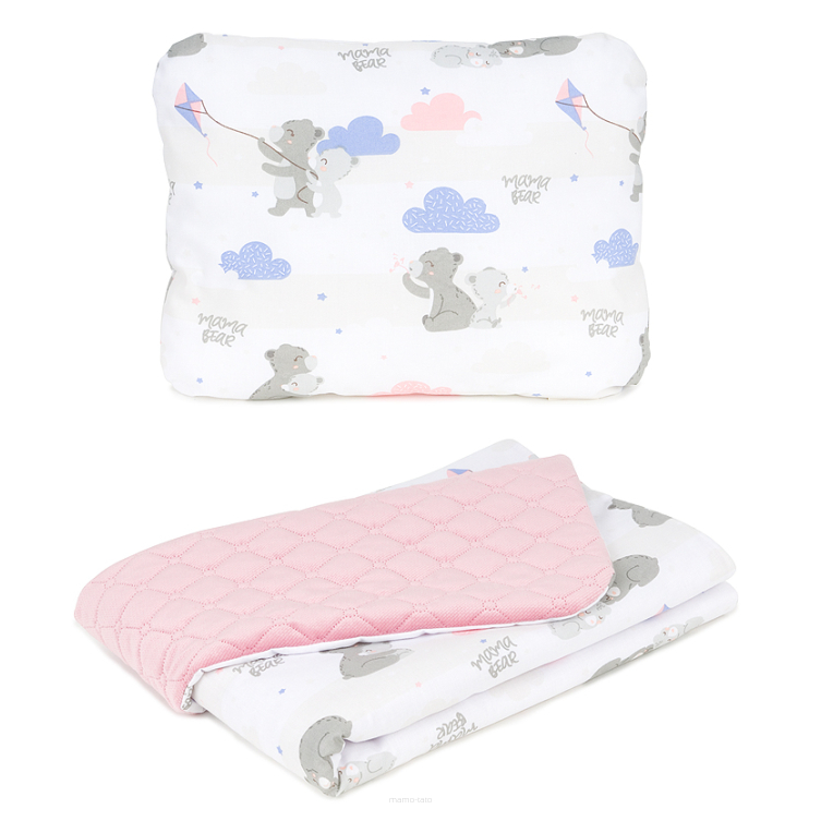 MAMO-TATO Stroller set, blanket for children 55x75 Velvet quilted + pillow - Niedźwiadki z niebieskim / różany - without filling