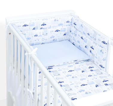 MAMO-TATO 3-el dwustronna pościel dla niemowląt 90x120 do łóżeczka 60x120 - Autka niebieskie / koordynat błękit