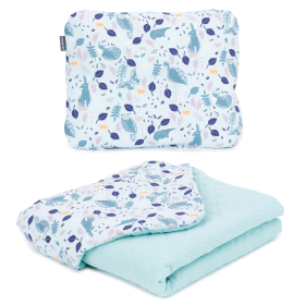 MAMO-TATO SET Blanket for children and infants 75x100 - MUSLIN PIK + pillow - Premium - Czaple na oceanie / jasna szałwia - without filling