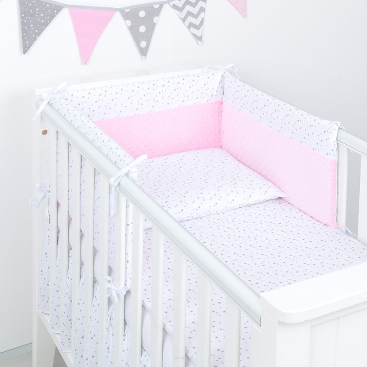 MAMO-TATO 3-el dla niemowląt 90x120 pościel do łóżeczka 60x120 minky Mini gwiazdki szare na bieli / jasny róż