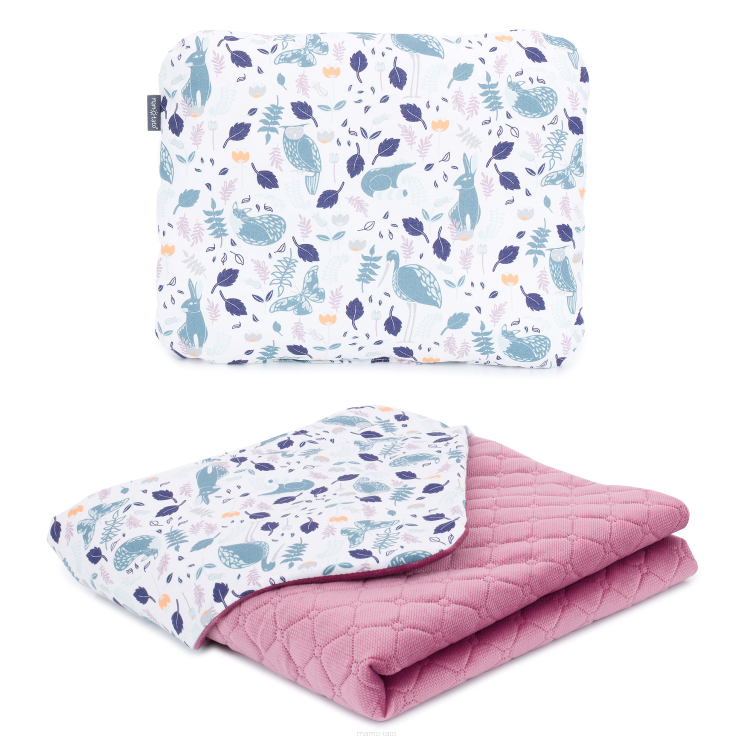 MAMO-TATO Baby blanket set 75x100 PREMIUM Velvet quilted + pillow - Czaple na bieli / brudny róż - with filling